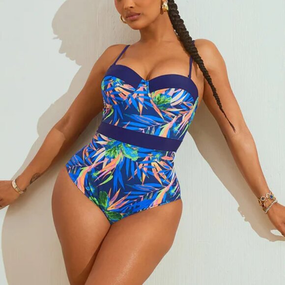 NWT Fashion Nova Francesca Bra Cup 1 Piece Swimsuit Blue Removable Strap 1X - Picture 1 of 9